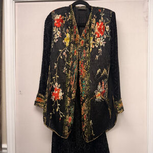 Vtg Women's KANEKO Black Floral Embroidered Jacket & Skirt Set M/L